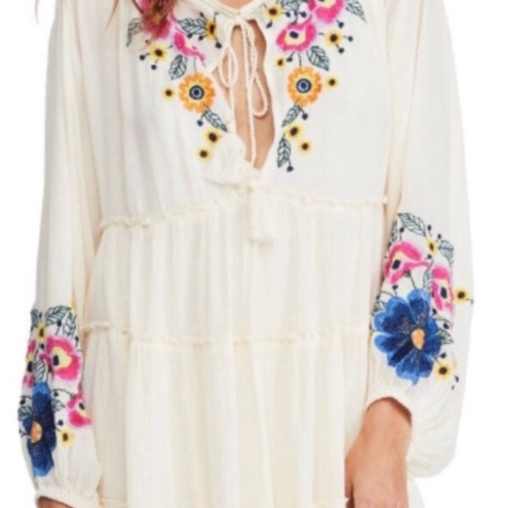 Free People Cream Mini Dress with Floral Embroidery